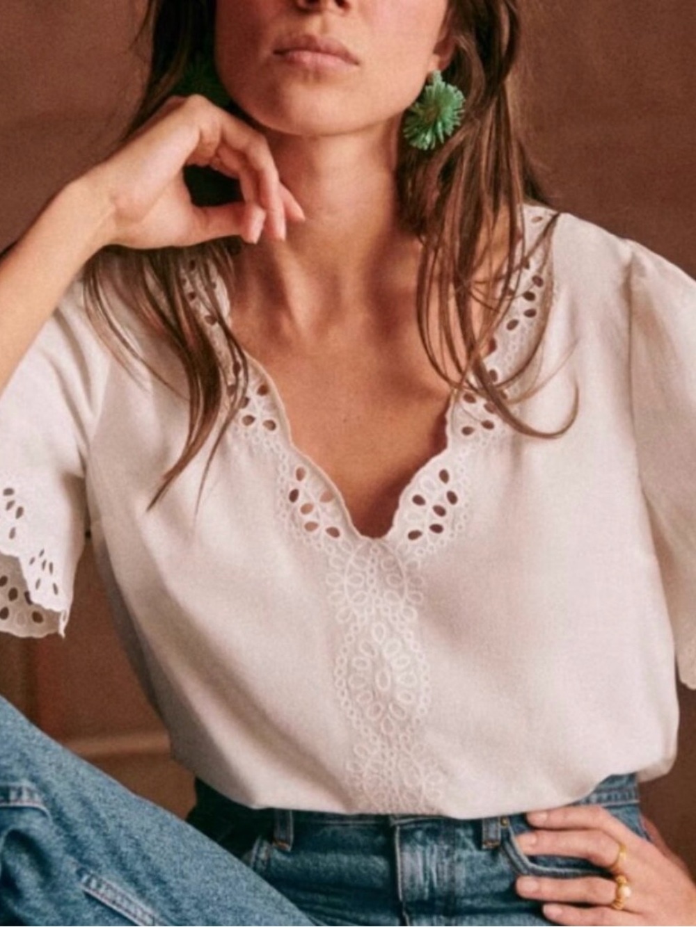 Sezane Francia Cream Silk Eyelet V-Neck Blouse